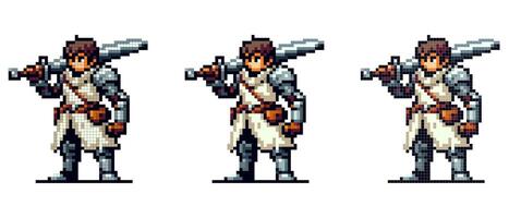 The pixel warrior stands confidently holding a large sword, wearing armor and a white tunic with a brown belt and bag. vector