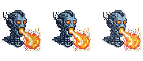 A pixel art image of a robotic head with glowing red eyes breathing fire from its mouth creating a dynamic and intense scene vector