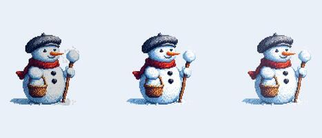 A pixel art snowman in a black beret and red scarf holds a snowball on a stick and a basket. vector