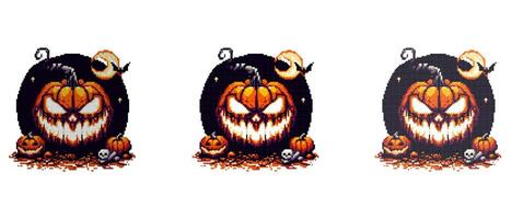 A menacing jack-o'-lantern with glowing eyes and mouth surrounded by smaller pumpkins a skull and a crescent moon under night sky vector