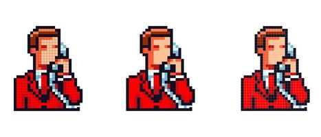 A pixel art image of a person in a red suit holding a phone to the ear with a white background vector