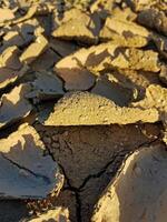 A close perspective of the cracked soil texture, Intricate and visually captivating details of cracked, dehydrated soil caused by severe drought and constant exposure to the sun's relentless heat. photo