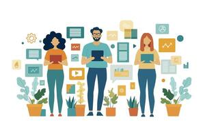 A group of people working together to share ideas, plan and report on business. vector