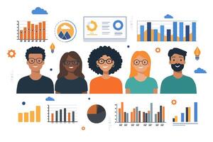 A set of elements and business people think together and report the results of the work. vector