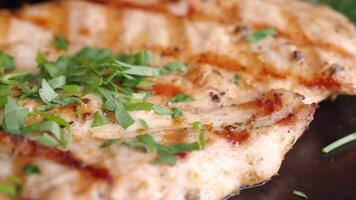 A Delicious Grilled Chicken Fillet Garnished with Fresh Herbs on a Plate video