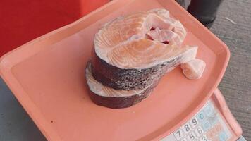 Fresh Salmon Steaks Displayed on a Weighing Scale for Your Selection video