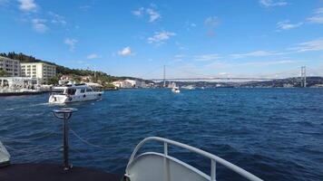 turkey istanbul 18 august 2024, A scenic view of boats on the water with a beautiful bridge behind video