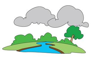 Nature forest at with long river flowing through the meadow vector