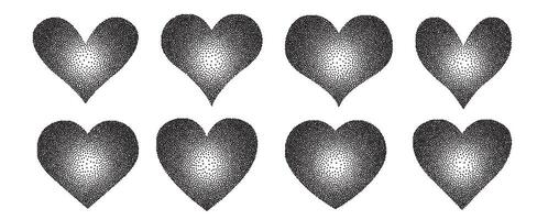 Dotted grungy heart shapes. Minimalist stipple heart set with dotwork gradient photocopy effect. Perfect elements for Valentines Day, wedding, invitation, and more. vector