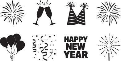 a silhouette image set featuring iconic elements for celebrating the New Year vector