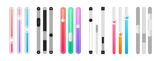 set of scroll bars. Vertical colored sliders, scrollbars. Web design elements for website or internet page. Menu graphic ui interface scrolls control, brightness controller, volume slider. vector