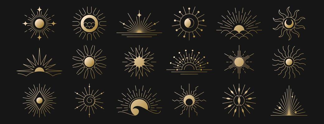 Set of golden linear boho sunrise logo, sunset icons, light beam or morning sun rays. Hand drawn sunburst, outline sunbeams, sunshine. Mystic symbols, magic esoteric gold line bohemian design elements