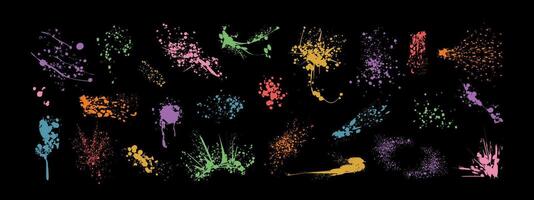 Spray paint drips, color inky blots or splatters. splashes, graffiti speckles or inkblot spots with dust effect. Paintbrush splotch, ink drops, liquid blobs. Abstract dirty grunge splash stains vector