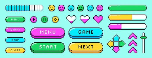 Set of pixel game graphic elements in 8bit retro style. Color pixelated arrows, love hearts, emoticons, loading progress bar, level indicator icons, health stickers. Menu, stop, play ui buttons vector