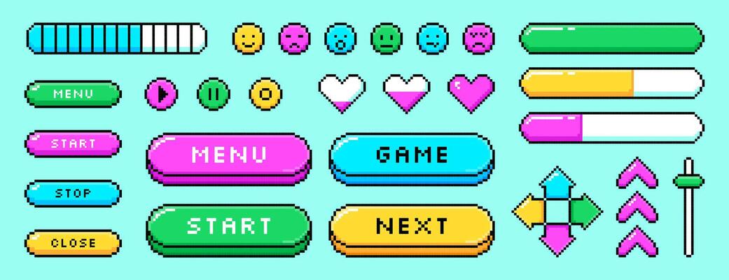Set of pixel game graphic elements in 8bit retro style. Color pixelated arrows, love hearts, emoticons, loading progress bar, level indicator icons, health stickers. Menu, stop, play ui buttons