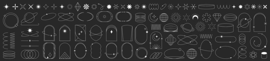 Modern minimalist y2k aesthetic line elements set. Simple geometric design shapes, decorative boho borders, linear figures in trendy retro style. Stars, basic forms, sparks and arch frames collection vector