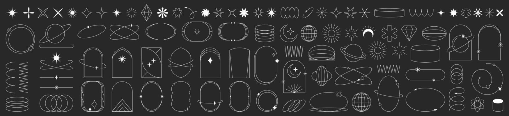 Modern minimalist y2k aesthetic line elements set. Simple geometric design shapes, decorative boho borders, linear figures in trendy retro style. Stars, basic forms, sparks and arch frames collection