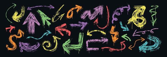 Hand drawn rough arrows different shapes. Color bold brush stroke spiral, curly, wave and straight arrow set. Spray paint graffiti direction graphic design elements with drips in grunge style vector