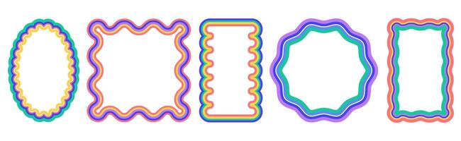 set of colored rectangular frames with scallop edges. Squiggle photo borders with wavy edge. Wiggly shapes, funky flat geometric text box frameworks or rectangle curvy mirror with jagged border vector