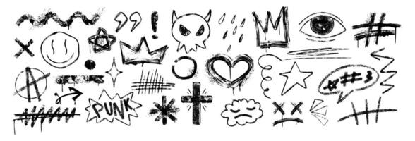 Hand drawn doodle brush and chalk strokes, scribbles, underlines, arrows, wavy lines, dots, stars, crown, evil and smiles. Set of black grunge marks, emoticons, crayon speech bubble in graffiti style vector