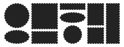 set of black scalloped border in different shapes. Circle, square, oval and rectangle forms with frill lace edges. Scallop labels, flower frames or curved text box elements on white background vector