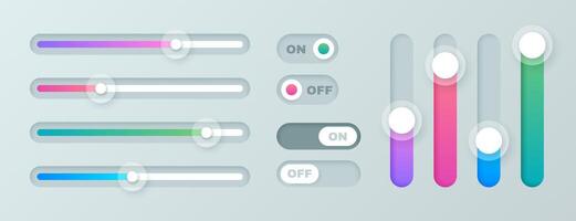 set of scroll bar icons. Colored sliders, computer scrollbars. Web design elements for website, app user interface or internet page. Brightness controller, turn on and off toggle switch buttons vector