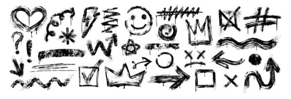 Hand drawn brush elements, abstract scribbles, underline, arrows, wavy lines, king crown and smiles. Set of doodle black grunge stroke squares, lightning bolt, rough marks, checkmark in graffiti style vector