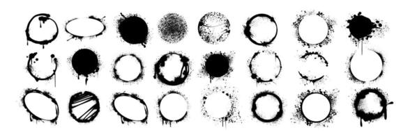 Spray paint black circle, oval shapes with drips, ink splatters in street style. set of urban graffiti rounds, grunge dots. Airbrush ring design elements, inky circular borders, stencil frames vector