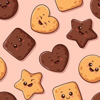 Cute cartoon style kawaii cookie pattern, seamless background. Smiling biscuits characters, pastry, simple kids illustrations vector