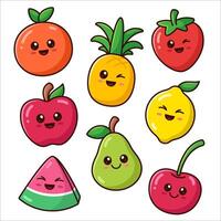 Set of cute kawaii smiling fruits and berries, illustration, cartoon style vector