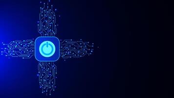 Power button with circuit board and glowing particles. Hardware equipment concept on dark blue vector