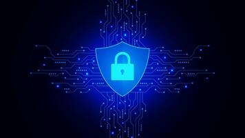 Lock mark with digital padlock, shield and futuristic circuit board. Cyber security, internet safe and personal data protection vector