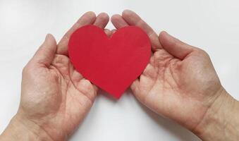 Top view of female hands holding red empty heart shaped paper card on white background. Valentine's day, health, healthy heart care photo