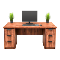 Elegant Wooden Desk Setup with Computer and Decorative Plants png