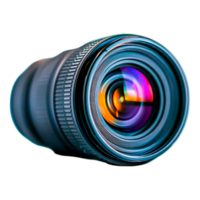 Close-up View of a Professional Camera Lens with Colorful Reflections png