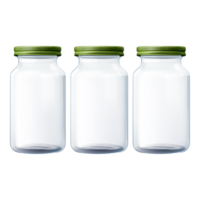 Three Empty Glass Jars with Green Lids for Preserving and Storage png