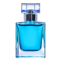 Elegant Blue Glass Perfume Bottle with Stylish Cap Design png