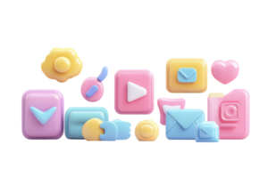 Colorful digital icons arranged in a playful layout showcasing modern communication tools and social media functions png