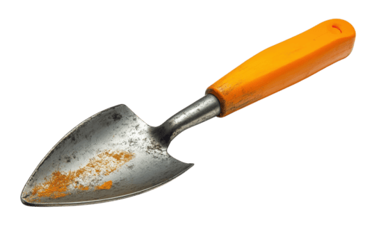 jardinagem ferramenta com a laranja lidar com usava para plantio e capina dentro uma jardim configuração durante luz do dia png