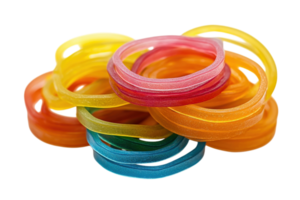 Colorful rubber bands stacked together with varying shapes and sizes on a white background png
