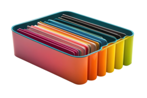 Organizing vibrant notebooks in a colorful storage container for creative workspace enhancement png
