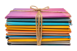 Stacked colorful folders bound with twine ready for organization in an office or study area png