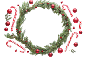 Christmas wreath decorated with red ornaments and candy canes placed on a white background png