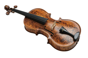 Exquisite handmade violin with intricate wood grain and polished finish displayed on a bright background png
