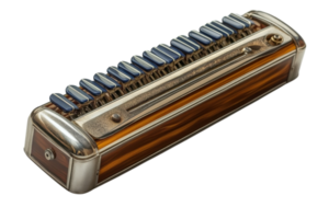 Vintage harmonica resting on a wooden surface showcasing intricate design and craftsmanship png