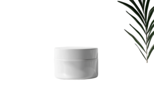 High-quality white cosmetic container with minimalistic design and green leaf accent in studio setting png