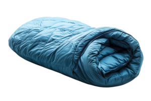 Comfortable blue sleeping bag rolled neatly for camping or outdoor adventures in nature png