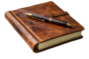 Elegant leather notebook and pen on a clean surface, perfect for jotting down ideas and notes png