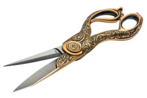Elegant golden scissors with ornate design, showcasing craftsmanship and functionality for various cutting tasks png