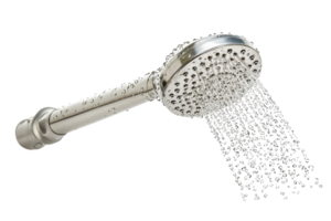 Showerhead with flowing water droplets creating an invigorating bathing experience in a modern bathroom setting png